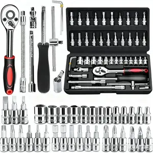 Socket Wrench Set, 46-in-1 Automobile Motorcycle Repair Tool Box, 1/4-inch Drive Includes Bit Socket Set And Extension Rod, Mechanical Tool Kit, Metric, With Storage Case, For Household And Car Repair, Valentine's Day