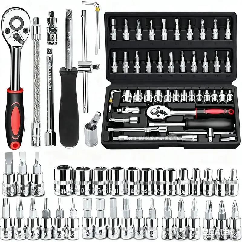46pcs Chrome Vanadium Steel Socket Wrench Tool Kit Set - 1/4-in Drive, 13pcs Metric Set, 21pcs Bit Sockets, Extension, Flex Joint, Tight-Space Reach, Storage Case, Mechanic Tools for Automotive Repair Mechanics, Construction, DIY Projects