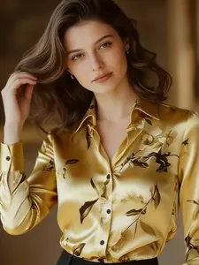 A fashionable and versatile women's satin printed long sleeve Blouse shirt with a light luxury style, suitable for commuting to work, shopping and outdoor activities, indoor and outdoor dressing