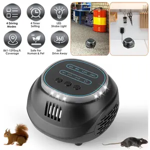 Ultrasonic Rodent Chaser Rat Repellent Pest Driver Mouse Control Squirrel Repeller with 4 Modes 4-65KHz Strobe Light 4 Timer 1292sq.ft. Coverage for Rodent Mouse Rats Squirrels Bats GPCT5491