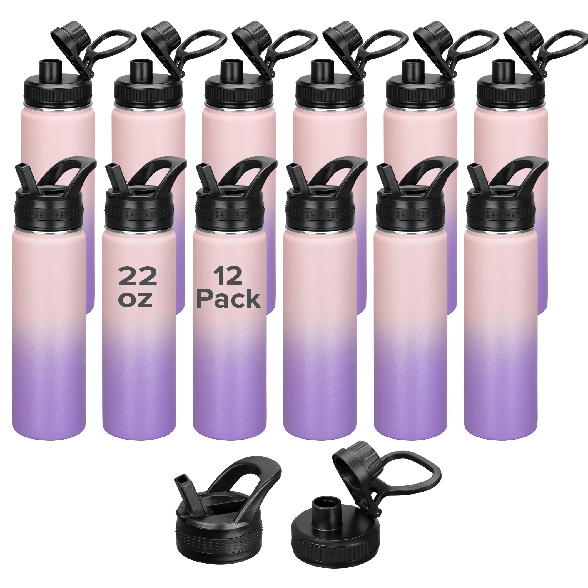 FASTSUB 22 oz Portable Powder Coated Skinny Stainless Steel Tumbler Set of 12 (Handles Included), Double-Wall Vacuum Insulated Flasks, Dual-Lid (Spout, Straw), Engravable Blank Bottle for Laser Engraving & UV Use, 7-12 Hours Temperature Retention, Skinny,