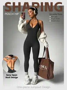 Women's Sexy Backless Halter Yoga Jumpsuit, High Stretch Butt Lifting Fitness Pants with Pockets, One Piece Sportswear, Stretchable Activewear