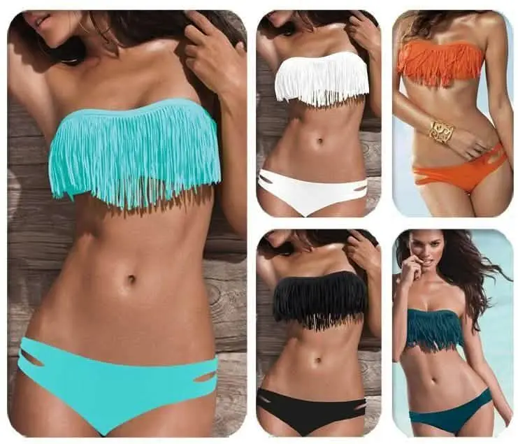 Women's Fringe Bandeau Bikini Set, 2-Piece Solid Color Bathing Suit with Removable Padding, Low-Rise Beach Swimwear for Vacation, Bikini Outfits, Beach Swimwear Clothes