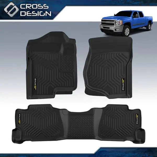 CROSSDESIGN Solid Plain Synthetic 3D TPE Car & Truck Floor Mats - Upgraded Car Interior Accessory, Custom-Fit for 07-13 Silverado Sierra 1500 2500 3500 Crew Cab, Blocks Sand & Grit