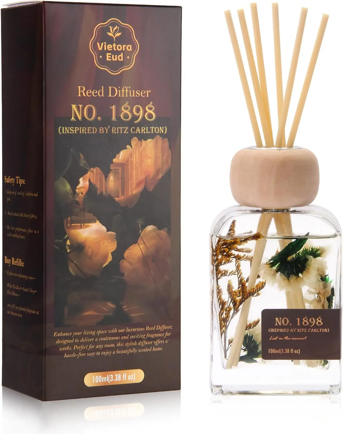 Reed Diffuser Set 3.38 oz, White Tea & Bergamot Home Fragrance, 90 Days Long Lasting Luxury Hotel Scent, Decorative Glass Bottle with Dried Flowers & Rattan Sticks for Bedroom Bathroom Office, Gift Ready