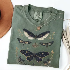 Comfort Colors Luna Moth TShirt, Wildflower Celestial Cottagecore Shirt, Mystical Moon Phase Top, Witchy Cute Boho Flower Tee Casual Day shirts women casual outfits women vintage graphic tees