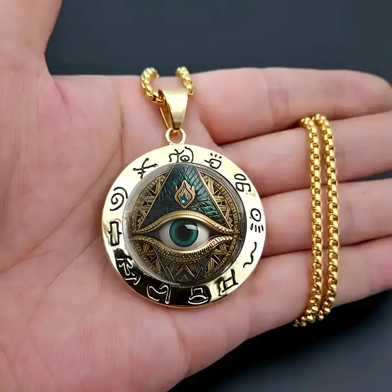 Women's Custom Egyptian Themed Round Glass Pendant Necklace - Adorned with Eye of Horus, Hieroglyphs, Ancient Style, Artistic, Unique Costume Jewelry Gift Option, Ancient Style Necklaces, Artistic Necklaces