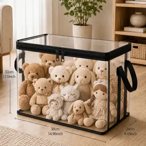 Black PVC Stuffed Animal & Doll Storage Box with Handle – Dustproof, Durable Toy Organizer for Kids’ Room, Playroom, Living Room, or Birthday Gift
