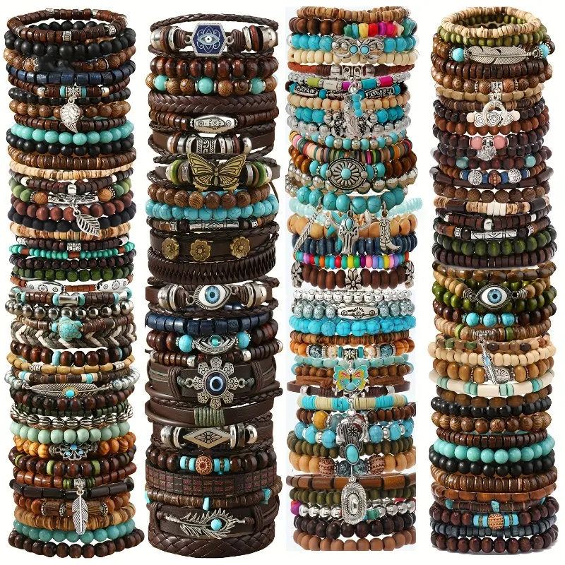 Unisex Bracelet Set, Vintage Style Wood & Turquoise Beaded Jewelry, Boho Stackable Stretch Design for a Customizable Fit, Adjustable Set, Boho Casual, Daily Wear, Bohemian Style, Bracelets, Beaded Mix
