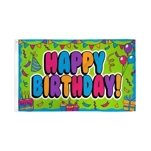 3x5ft Polyester Happy Birthday Streamers Banner, Festive Party Backdrop Decor with Bold Colors and Header Tape