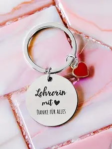 Heart Germany Teacher Stainless Steel Keychain, Cute Cartoon Character Design, German Heart Teacher Keyring, No Choking Hazard