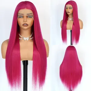 Aodbar hairs Hot Pink Long Silky Straight Wig Lace Front Wig Synthetic Hair Glueless Wig Heat Resistant Fiber Hair Long Straight Wig for Women