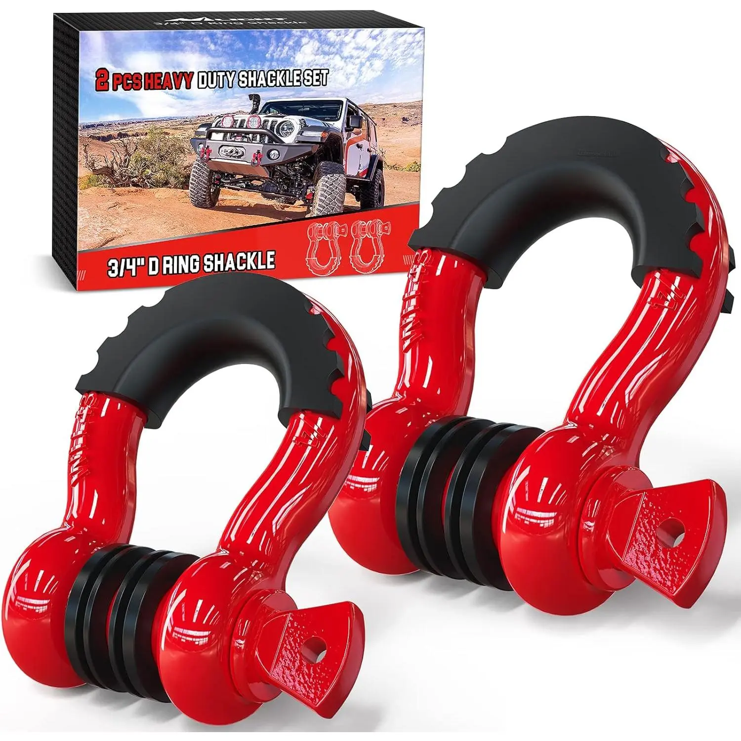 2 Pack 3/4" D-Ring Shackle 4.75 Ton (9500 Lbs) Capacity with 7/8" Pin Heavy Duty Off Road Recovery Shackle with Isolators & Washer Kit for Jeep Truck Vehicle, Red (90053B)