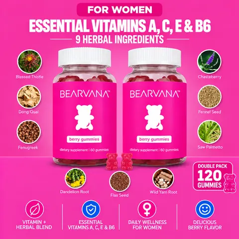 BEARVANA Women’s Daily Vitamin Gummies Double Pack | Essential Vitamins A, C, E & B6 | 9 Herbal Ingredients | 2 Month Supply | Daily Gummies Worth the Hype | Berry Flavor |  120 Gummies