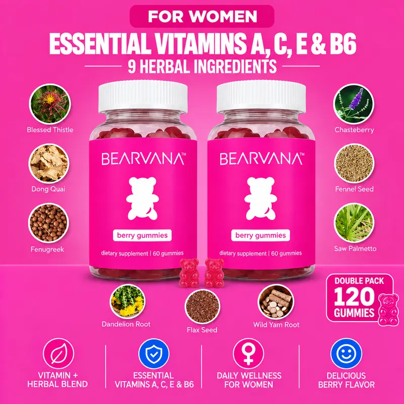 BEARVANA Women’s Daily Vitamin Gummies Double Pack | Essential Vitamins A, C, E & B6 | 9 Herbal Ingredients | 2 Month Supply | Daily Gummies Worth the Hype | Berry Flavor | 120 Gummies