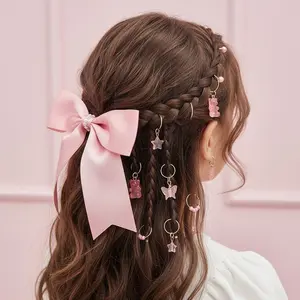 Cute Pink Hair Rings Set with Stars Butterflies & Teddy Bear Charms for Everyday Wear - Adorable Pink Hair Accessories for Girls