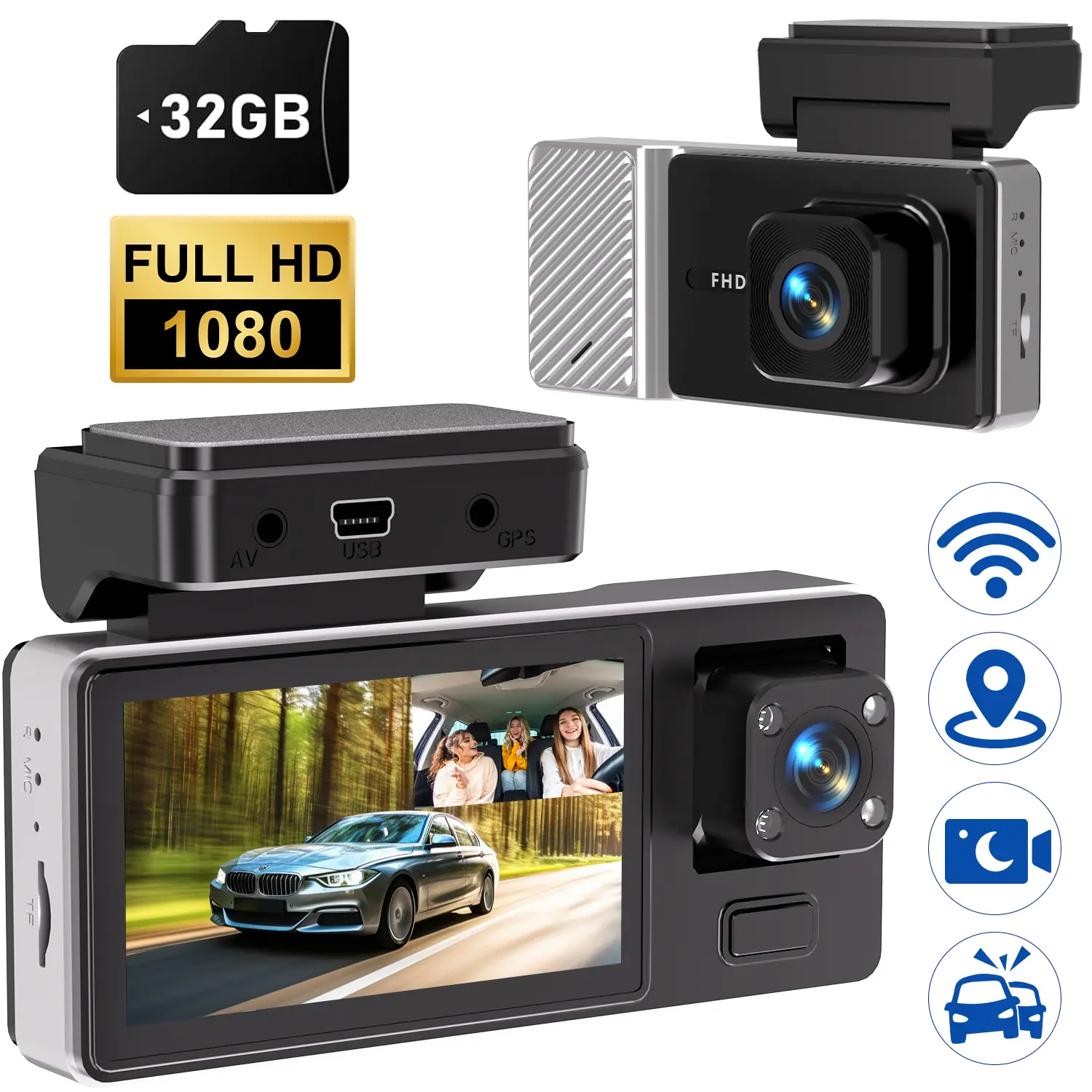 Summerwins Car-Mounted Dual Lens Front Rear Dashcam, Car Accessories, 1080P Full HD Front Camera, 720P Rear Left Right Coverage, G-Sensor, Charging-Required Operation, Free 34GB Memory Card, ABS-Equipped Safe Driving Camera