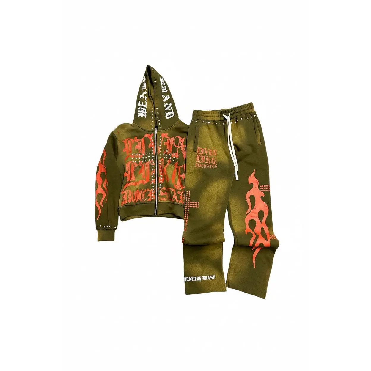Wealthy Brand "Rockstar" Tracksuit Set - Olive/Orange