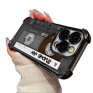 Retro Cassette-Themed Luxurious Cellphone Case, TPU Shockproof Waterproof Protector for iPhone 17 Pro Max,16 Plus,15,14,13,12,11,XR,XS - Handheld Design with Black Border, Transparent Back, Accessories, Tech Accessories