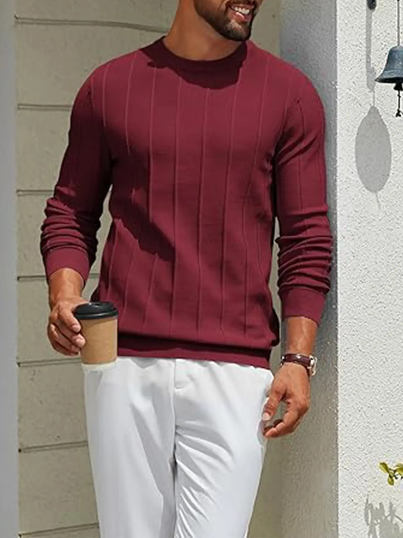 Vertical Striped Men's Knit Sweater, Slim Fit Round Neck Long Sleeve, Casual Fall & Winter Top, Versatile and Stylish