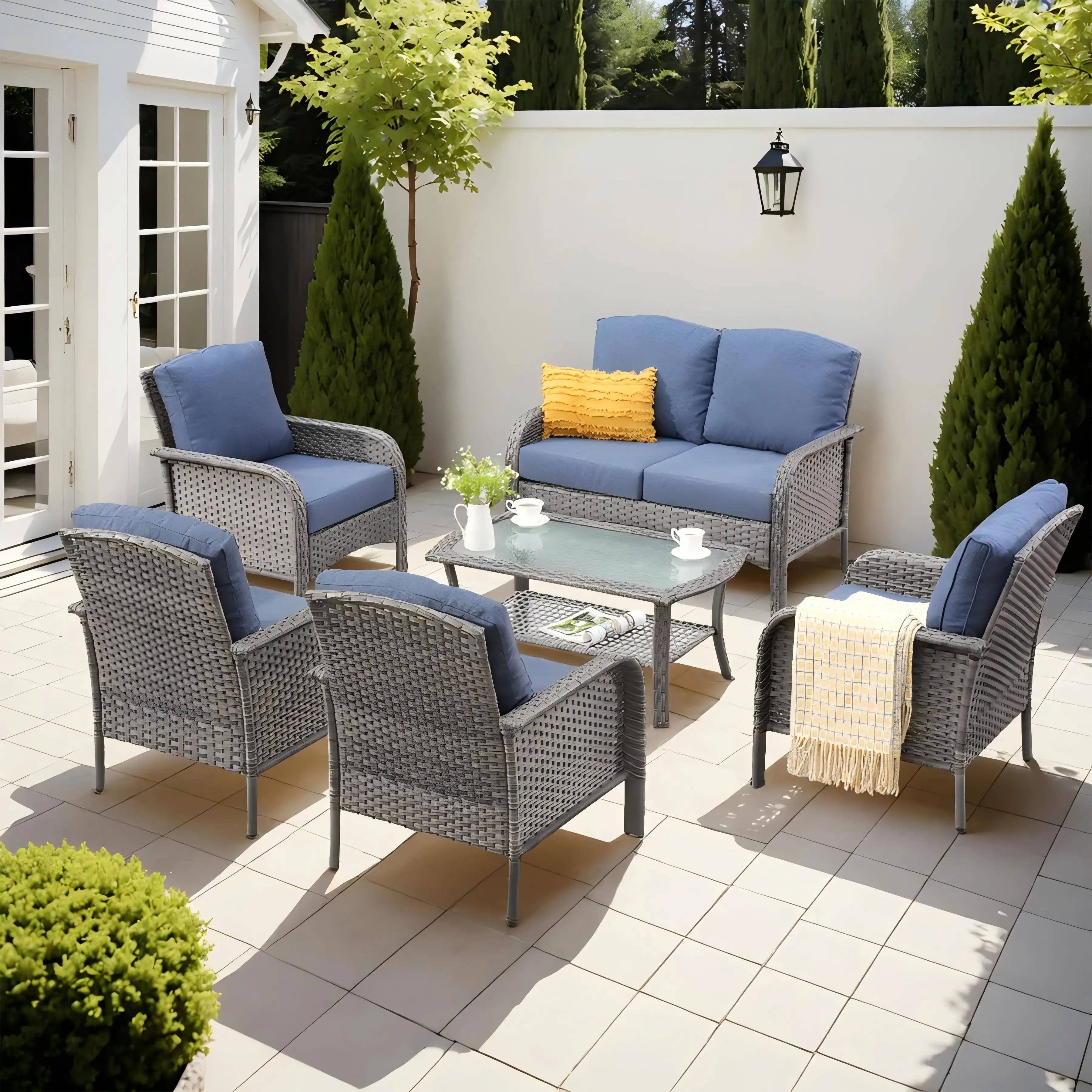 【Summerfinds】OVIOS 6-Piece Outdoor Patio Furniture Set, All-Weather Wicker Conversation Set with Cushions, Loveseat, Chairs & Table for Backyard, Patio, Porch, Deck & Garden