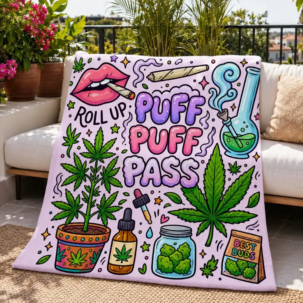 Cannabis Leaf Flannel Throw Blanket - Puff Puff Pass Casual, Wrinkle-Free Flannel Fabric Blanket, Multi-Size Soft Stoner Room Decor, Ideal for Sofa, Perfect Gift