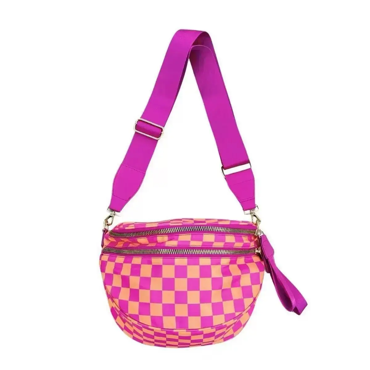 【CC SHOP]Women Checkerboard Nylon Sling Crossbody Bag, Double Zipper Oval Waist Fanny Pack, Adjustable Wide Strap Casual Travel Chest Shoulder Purse with Wrist Strap