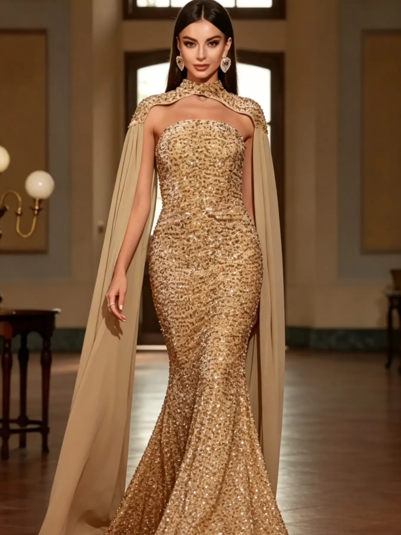 Gold Sequin Mermaid Evening Gown, Jacket Sleeve Design, High Neck, Strapless Formal Dress, Perfect for Parties, Celebrations, Wedding Guests, Festival, Womenswear