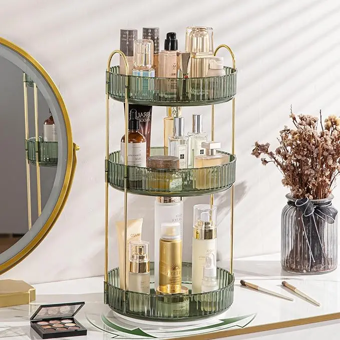 360° Rotating Round Metal Makeup Tool Organizer, Collapsible Stackable Vanity Shelf with Bonus 12-Slot Lipstick Holder, Collapsible Storage Bin for Makeup, Perfume, Skincare, Storage Organization for Bathroom, Birthday Gift for Girlfriend