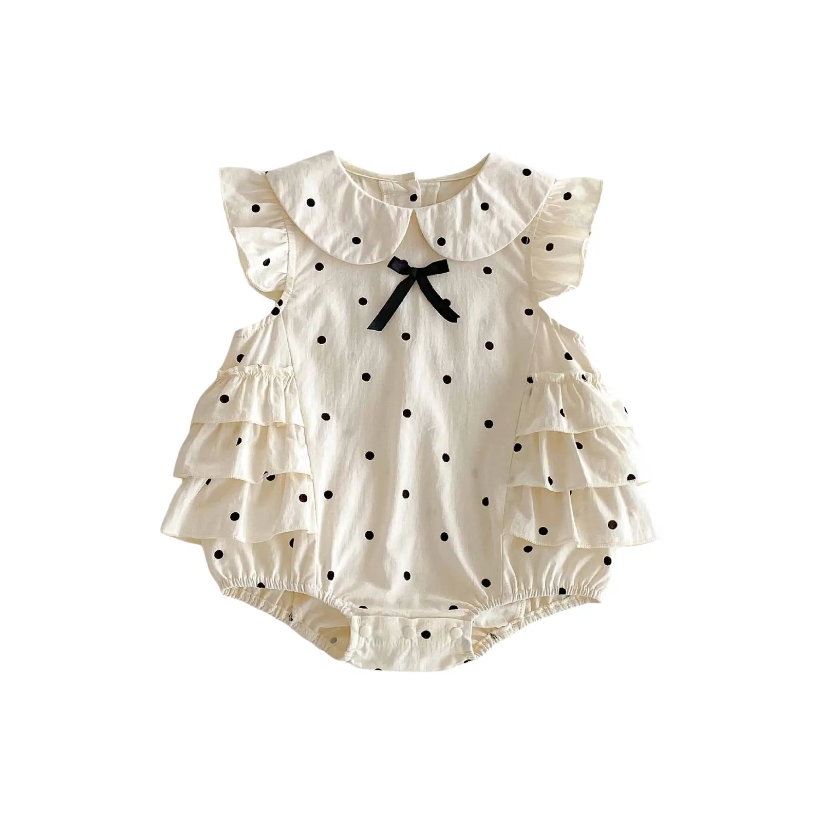 Canrulo Toddler Baby Girl Bubble Romper Bow Dot Print Flying Sleeve Doll Collar Jumpsuit Cute Summer Spring Clothes