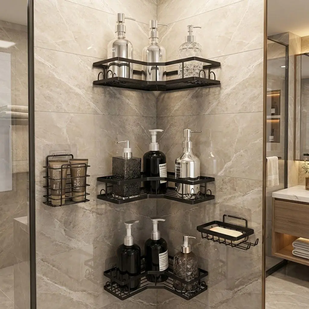 SummerHome 5-Piece Stainless Steel Shower Caddy Set - No-Drilling Suction Mount, Waterproof, Large Capacity & Organization, Pink Bathroom Gadgets, Built-In Hooks, Hassle-Free Apartment Must-Have, Bath Decor Gift Idea (Toothbrush, Soap Storage)