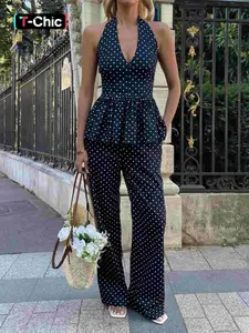 Polka Dot Halter Neck Two Piece Set Women Peplum Top Wide Leg Pants Outfit Summer Vacation Elegant Casual Matching Set Lightweight Breathable Resort Wear Chic Street Style Beach Outfit Blue Two Piece Set Fashion