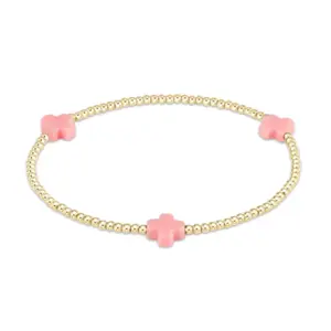 E Newton Signature Cross Gold Pattern 2mm Bead Bracelet Pink