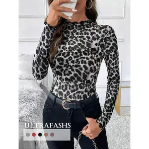 Women's High Neck Leopard Print Long Sleeve Top, Slim-Fitting Sexy Mesh Ruffle Bodysuit, Fashion New Nightclub Style, All Seasons
