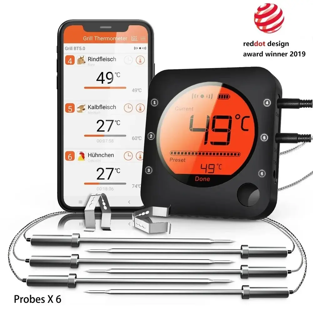 Meat Thermometer Bluetooth Digital BBQ Kitchen Gadgets Kitchen Thermometer Support 6 Stainless Probe for Smoker Cooking Grill Oven Candy Wireless Meat Thermometer Digital Food Thermometer Smart Food Thermometer