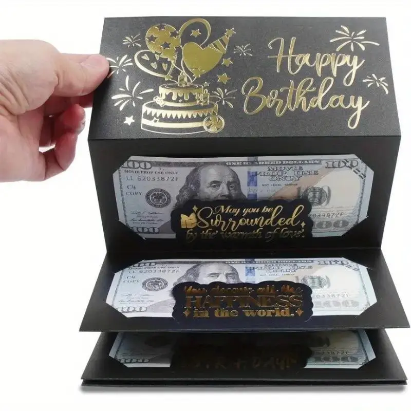 Birthday Money Gift Box, 1 Count Creative Birthday Money Gift Card Holder with 6 Slots, Black,Pink and Blue,Unique Gift for Birthday Party