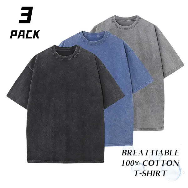 Men’s 3-Pack Vintage Washed 100% Cotton T-Shirts – Breathable fabric, soft lightweight crew neck, ideal for everyday casual wear and layering