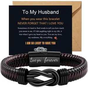Braided Leather Bracelet with Gift Box, 1 Set Lettering Love You Forever Gifts for Son, Birthday, Anniversary and Graduation Gift, Bracelet Design, Personalized Jewelry Christmas Gifts for Man Son Husband Boyfriend Dad Grandson mothers day gift
