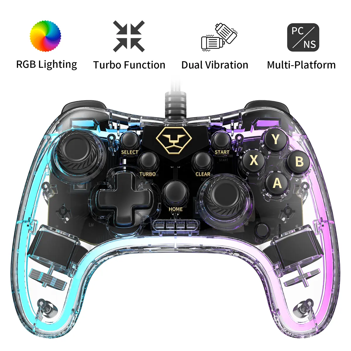 AOLION PC20 Stylish Wired USB Game Controller - RGB Lights, Turbo Function, Adjustable Vibration, Colorful Transparent Adjustable Shell, Multi-Platform Gaming Accessory for Windows PC, Switch, PS3, TV Box (Not for Xbox/PS4/PS5) for Gamers' Everyday Gaming