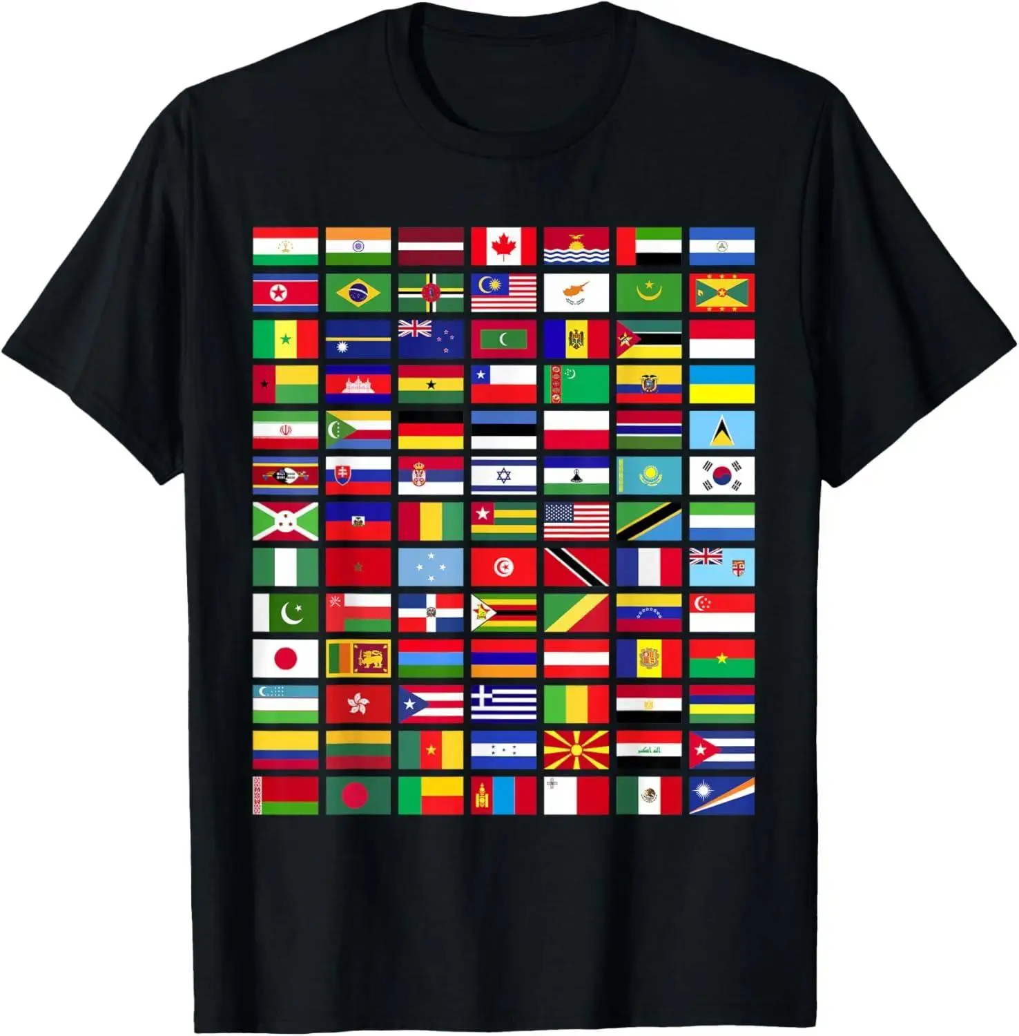 Women's Unisex Crew Neck Short Sleeve Cotton T-Shirt - 287 Countries World Flags Print, Breathable Fabric, International Travel Gift for Geography Lovers, Multicultural Appreciation Casual Wear, Tshirt, Soft