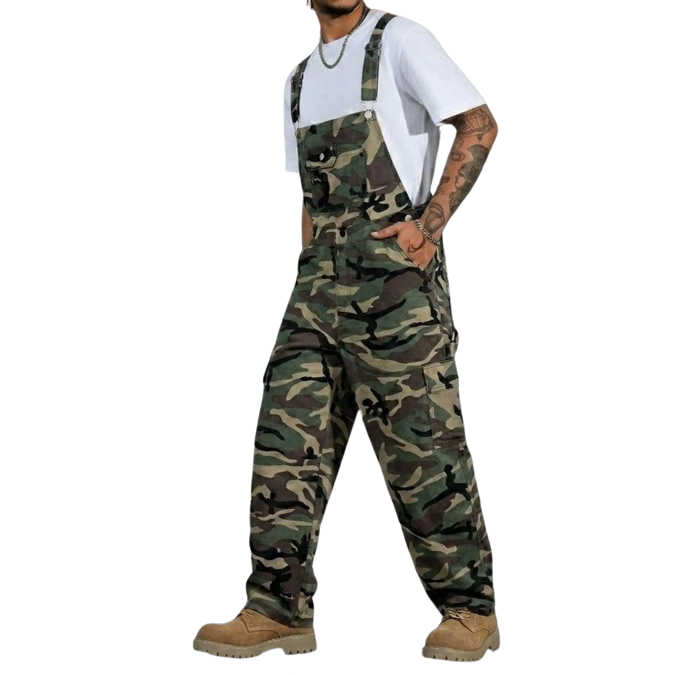 Men's Camo Wide Leg Overalls Hip Hop Streetwear Multi Pocket Casual Workwear Camouflage Dungarees Trousers Fashion Casual Overalls Everyday Overalls Menswear Suits