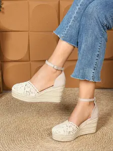 Women's Hemp Rope Boho Style Wedge Lace Hollow Mesh Casual Closed Toe Round Toe Sandals, Bohemian Style Open Back Tie Straw Woven Heeled Slippers
