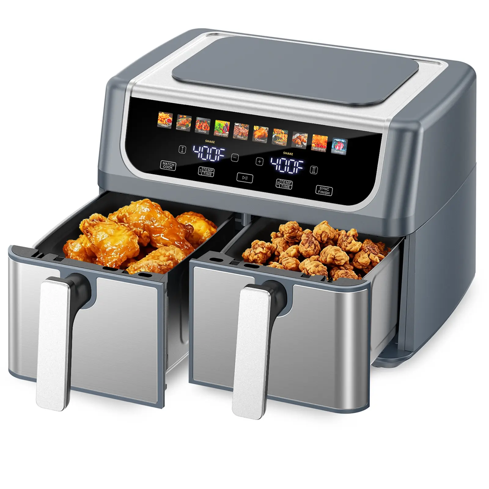 9QT Dual Zone Air Fryer - Dual Zone Fryers Kitchen Appliance with Advanced Convection Technology, Sync Finish, Large Viewing Windows, 2 Nonstick Removable Baskets, Digital Temp Controls, Effortless Cleanup, 100% Dishwasher Safe for Family-Sized Meals