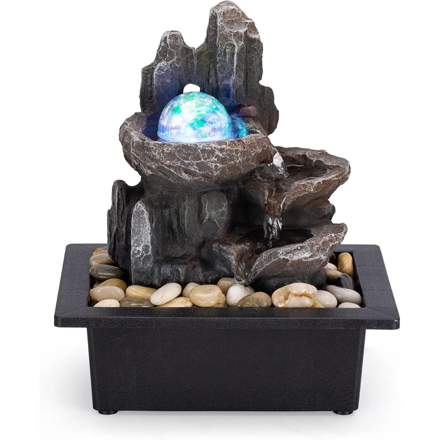 Tabletop Fountain Rotating Ball Rock Waterfall Fountain Office Tabletop Fountains for  Office Decor Includes Many  River Rocks Decorated with Colorful Lights and Rolling Ball