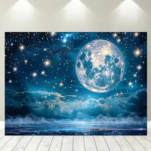 Moon & Starry Sky Pattern Wall Hanging Backdrop, 1 Count Dream Moonlight Theme Party Banner, Photo Props Background Cloth for Home & Party Decoration, Ornaments