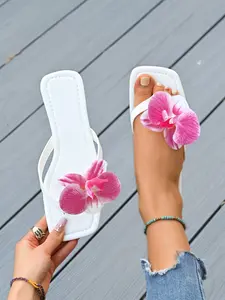 3-color French flat bottom flower one line slippers for women, summer outdoor wear, new summer fashion, cool sandals suitable for dating, shopping, parties, seaside vacations, home and leisure, Footwear