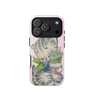 BARELA Matcha Cat iPhone Case, Cute Kitten Drinking Matcha Design, Tough Shockproof Smartphone Shell, Cellphone Handheld Accessories for iPhone 11-17 Series, Pastel Aesthetic Gift for Girls,summerwins