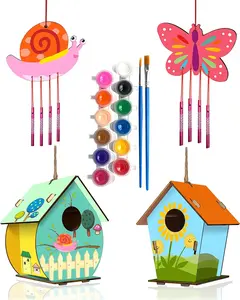 Valentine’s & Birthday Gift DIY Bird House Wind Chime Kit 4 Pack Wooden Arts Crafts for Kids Paint Build Craft Set for Girls Boys Ages 4 6 6 8 8 12