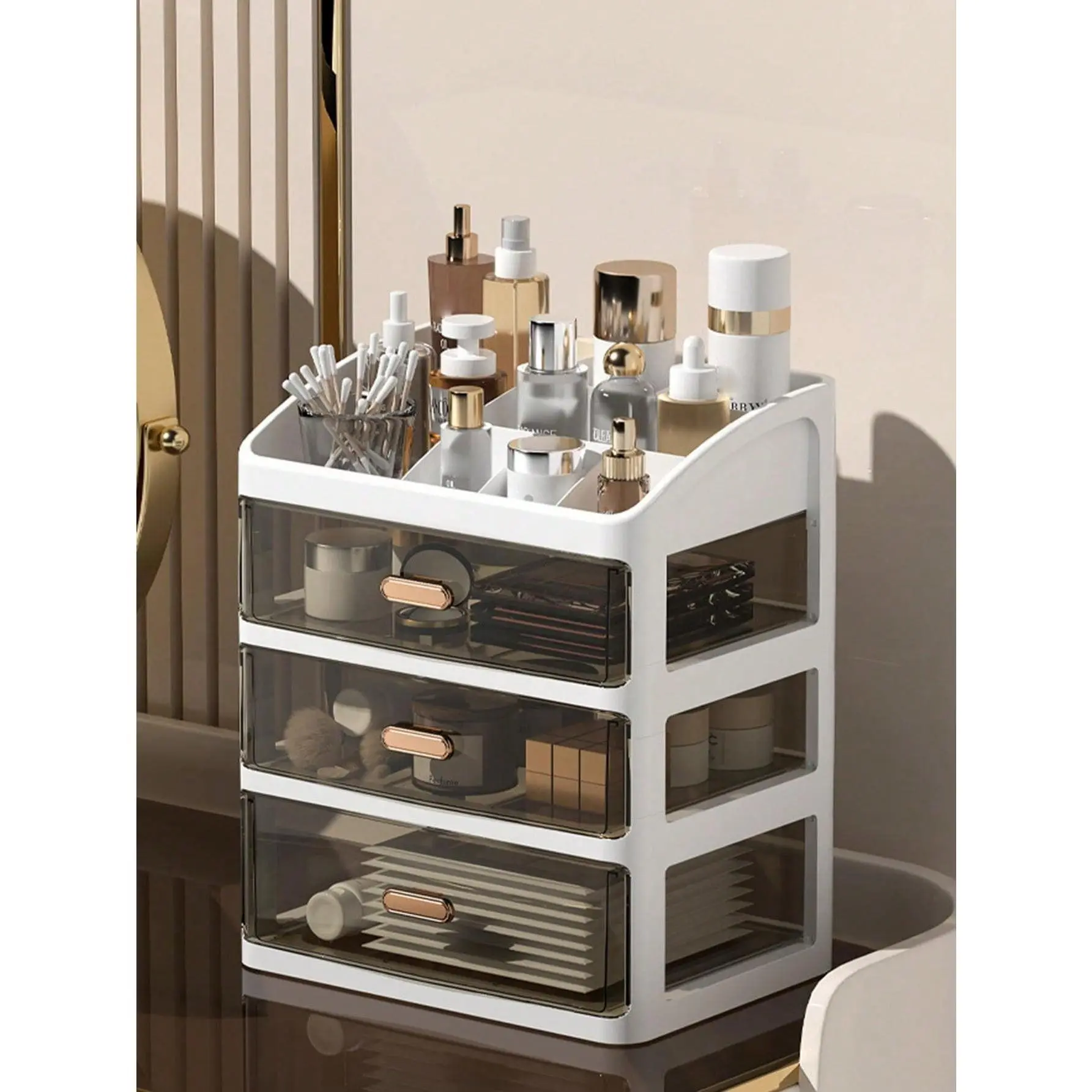 1pc Desktop Cosmetic Organizer Drawer Type Dust-Proof Storage Box For Skincare, Face Mask And Brushes. Can Be Used In Bathroom, Living Room, Bedroom And Office To Store Remote Controls, Toothpicks, Chargers, Mobile Phone Cases And Save Space.