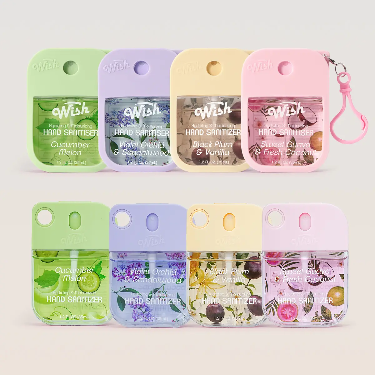 WISH Hydrating Liquid Hand Sanitizer & Clip-On Bag Charm Ultimate 8-Pack Bundle - 4 1.2 fl oz Viral Scent Sanitizers, 4 Clip-On Charms (Beauty & Personal Care)